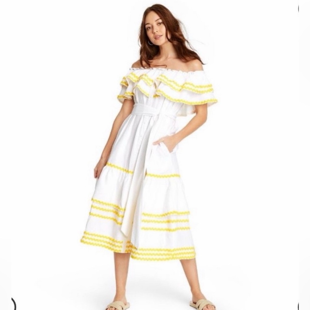 Off-Shoulder White Dress with Yellow Trim